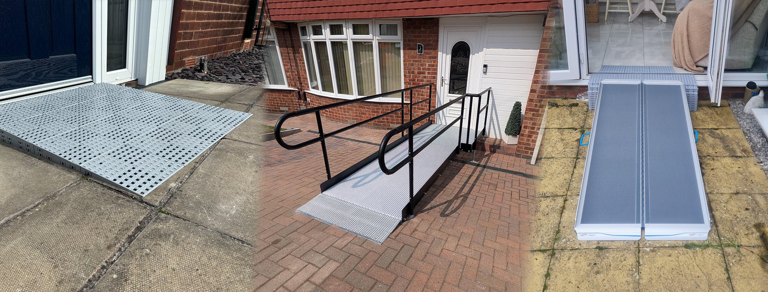 An image of 3 types of ramps. The image starts on the left with a grey plastic threshold Excellent Systems ramp. The image then fades in and out into a Modular ramp image at someones home. The metal ramp is in their front driveway, and as the driveway slopes down the ramp levels it out to the front door. The image then blends into another image with a grey portable ramp balancing up to someones conservatory door threshold.